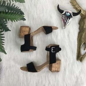 Merona Black & Tan Faux Cork Peep Toe Block Heels